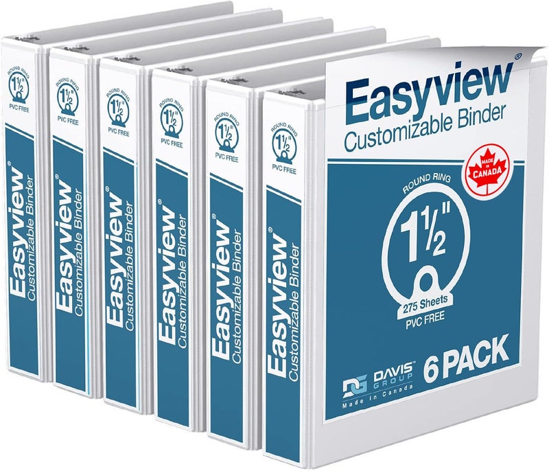 Davis Group Easyview Premium 3-Ring Binders with Clear-View Covers and Round Rings, Binders for School or Office, 1.5 Inch, Pack of 6, White - Image 1